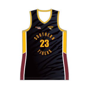 VL89529 - southern tigers - 6239 - v neck reversible basketball singlet - womens - adult(curves)_front 1