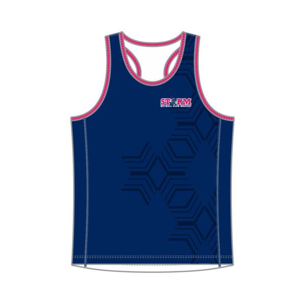 Vl101183 - storm netball club mackay - sb 7067 uy - racer back singlet with side panel - unisex youth (curves)_front